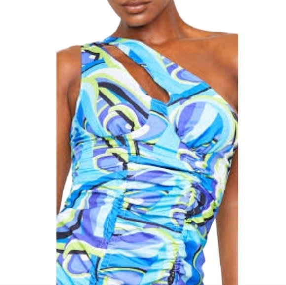 PLT Woven One Shoulder‎ Ruched Bodycon Dress Blue abstract Women's Size 8 Rave - Picture 2 of 14